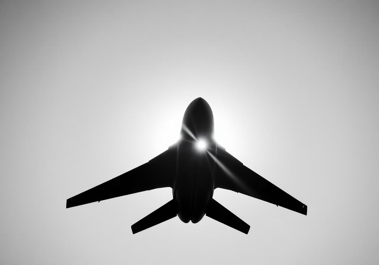 Silhouette of a jet against the sun